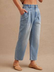 WESTFADE High Rise Pleated Front Cropped Wide Leg Cotton Blend Denim Western Cowgirl Rodeo Jeans Summer Nashville Rodeo - Light Wash - View 3