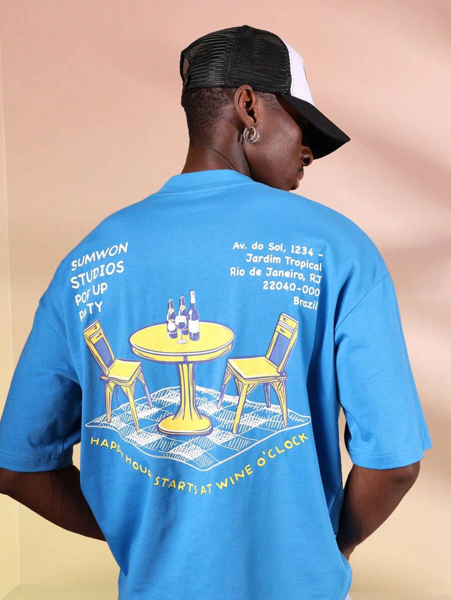 SUMWON Studios Pop Up Party 个性 T 恤 复古咖啡厅葡萄酒时光设计 巴西夏季系列 Rio 街头服饰 都市休闲舒适版型 男女通用 - 藍色 - 查看 1