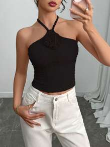 INAWLY Women's Sleeveless Solid Color 3D Floral Decorative Crop Top