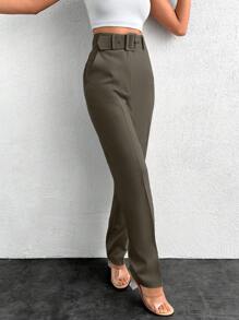 EURMUSE Women's Solid Color High Waist Keyhole Buckle Straight Leg Casual Pants - Army Green - View 3