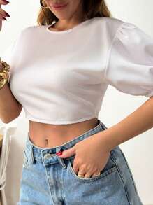 EURMUSE VOLUME SHOULDER SHORT SLEEVE BACK TIE UP CROP BLOUSE - White - View 3
