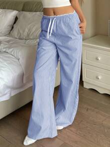SHEIN Teen Girls Striped Waistband Drawstring Wide-Leg Pants, Spring/Summer - Blue - View 4