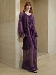 SHEIN Unity Vestido casual suelto de mujer de estilo vacacional, de gasa morada, de manga larga con cuello en V, con volantes y cintura con lazo - Morado - Ver 6