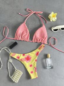 Swim Mod Bộ đồ bơi bikini 2 mảnh họa tiết hoa thường ngày đi biển dành cho nữ, đồ bơi - Màu vàng - Xem 5