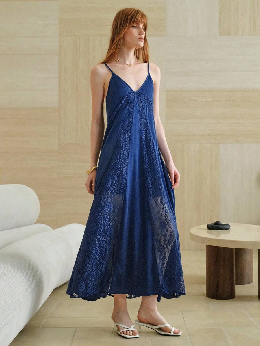 EMERY ROSE Váy maxi chữ A họa tiết ren satin dành cho nữ, váy suông, trang phục đi nghỉ dành cho nữ, váy sinh nhật dành cho nữ, váy dự tiệc cưới dành cho nữ - Màu xanh hải quân - Xem 1