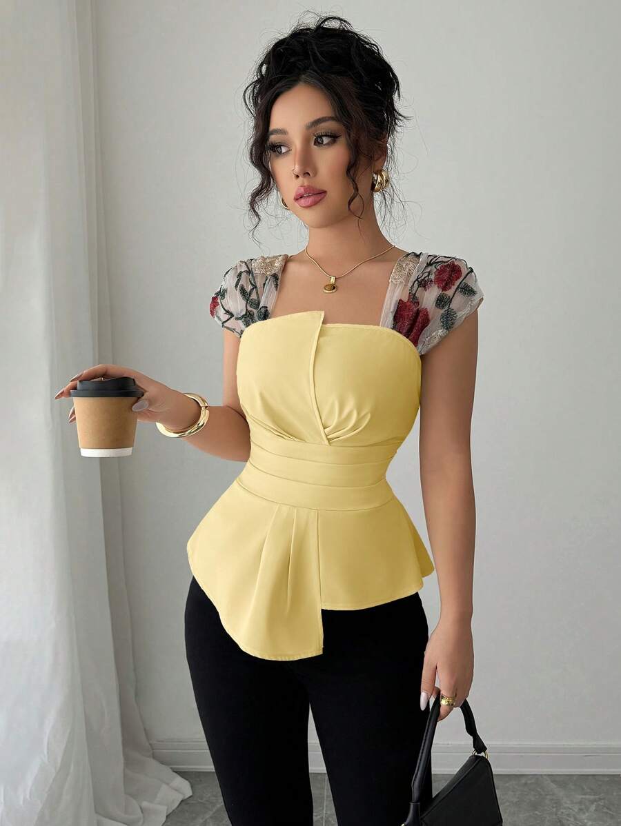 Elenzga 女式高腰不对称网眼刺绣荷叶边上衣