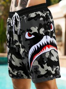 Manfinity Swimmode Men's Camo Print Drawstring Waist Beach Shorts, Hawaiian - Multicolor - View 3