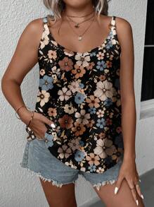 SHEIN LUNE Débardeur style vacances avec motif floral, tailles grandes, convient pour les vacances et les loisirs - Multicolore - Voir 5