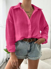 SHEIN Cottnline Shirt With Plain Drop Shoulder Button At Front - Pink - View 5