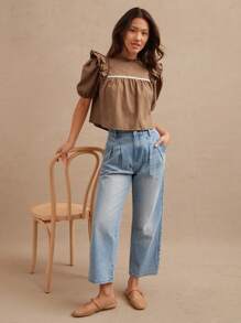 WESTFADE 100% 纯棉立领荷叶边泡泡袖撞色饰边多层娃娃装上衣，适合秋季、秋季、冬季、波西米亚风、休闲风、乡村音乐会风、西部风 - 棕色 - 查看 3