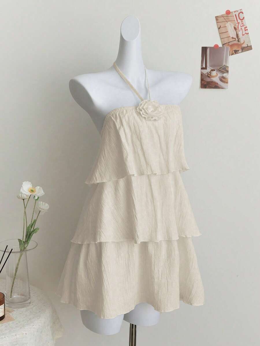 Elamini Váy không tay họa tiết hoa 3D màu trắng dành cho nữ - Màu be - Xem 1