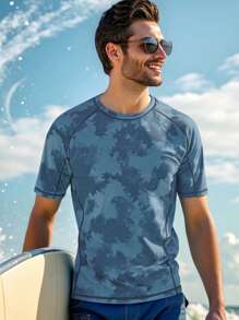 Manfinity Swimmode Men's Summer Vacation Beach Full Print Raglan Sleeve Surfing T-Shirt, Hawaiian - Baby Blue - View 6