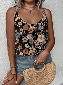 SHEIN LUNE Débardeur style vacances avec motif floral, tailles grandes, convient pour les vacances et les loisirs - Multicolore - Voir 6
