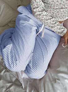 SHEIN Teen Girls Striped Waistband Drawstring Wide-Leg Pants, Spring/Summer - Blue - View 7