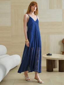 EMERY ROSE Váy maxi chữ A họa tiết ren satin dành cho nữ, váy suông, trang phục đi nghỉ dành cho nữ, váy sinh nhật dành cho nữ, váy dự tiệc cưới dành cho nữ - Màu xanh hải quân - Xem 7