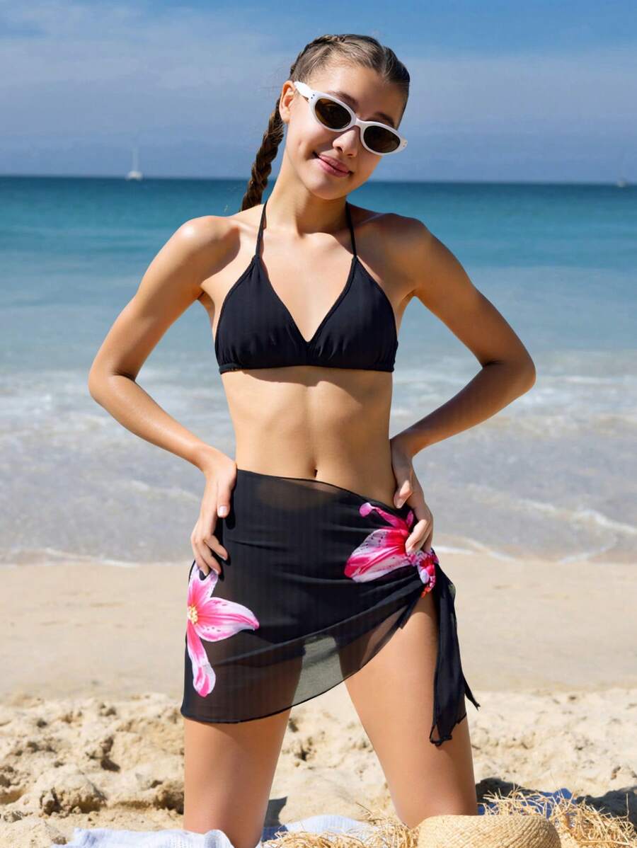 Teen Girls 3pcs Bikini Sets With Triangle Top, Adjustable Shoulder Strap Triangle Briefs & Sheer Mesh Sarong With Floral Pattern - Multicolor - View 1