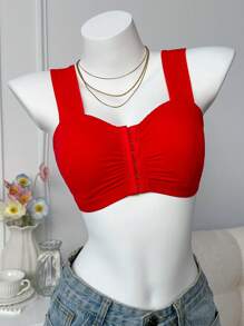 纯色褶饰前扣宽肩带文胸