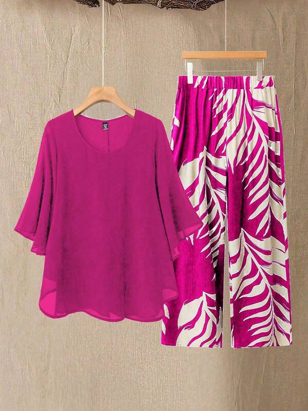 SHEIN 2pcs/Set Plus Size Women Chiffon Batwing Sleeve Blouse & Tropical Plants Print Pants Set