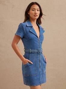 WESTFADE Collared Zipper Front Fitted Short Sleeve Belted Stretch Denim Mini Cowgirl Dress Summer Rodeo Outfit - Medium Wash - View 4