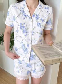 Conjunto de prendas de estar en casa de 2 piezas para adolescentes, con un cárdigan de manga corta con estampado floral francés y ribete de encaje y pantalones cortos, de estilo lujoso y cómodo - Blanco - Ver 4