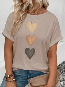 INAWLY Women's Casual Crew Neck Short Sleeve Turnover Cuff Ombre Heart Print Plus Size T-Shirt, Best Selling