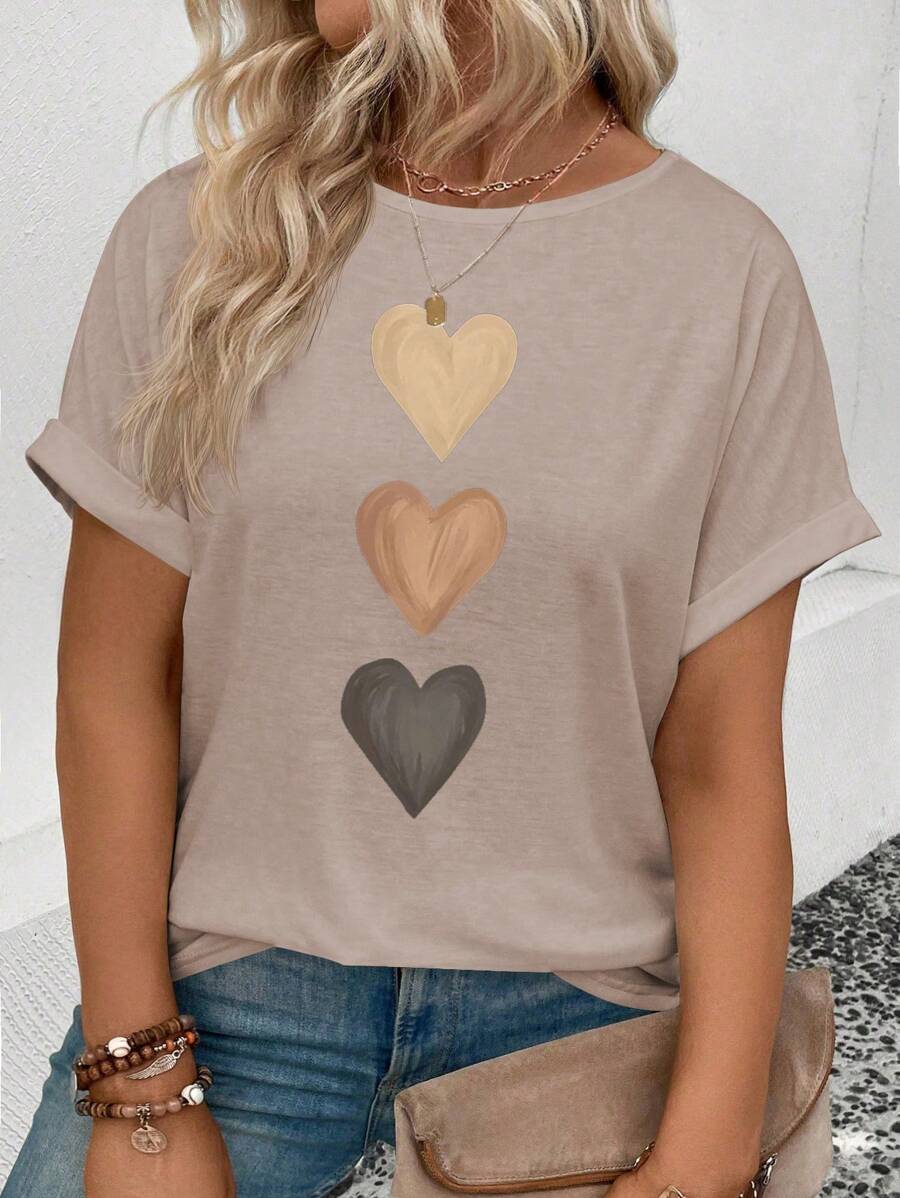 INAWLY Women's Casual Crew Neck Short Sleeve Turnover Cuff Ombre Heart Print Plus Size T-Shirt, Best Selling