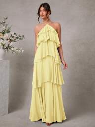 L'Amorae Vestido Elegante e Romântico de Convidado de Casamento Longo Maxi de Chiffon com Detalhe Franzido e Decote Halter Sólido