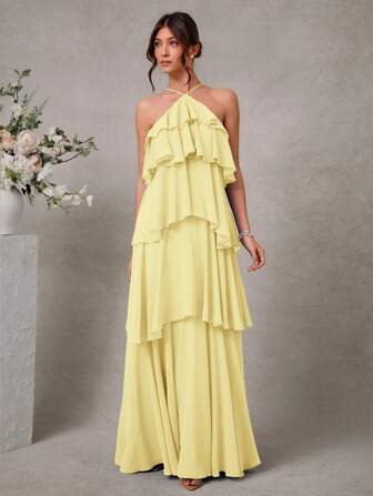L'Amorae Elegant Romantic Wedding Guest Solid Halter Tiered Chiffon Maxi Dress