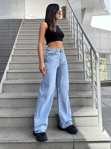 SHEIN Cottnline 100%Cotton Slant Pocket Straight Leg Jeans - Light Wash - View 5