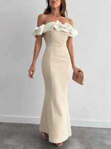 EURMUSE Two Tones Off Shoulder Ruffle Trim Bodycon Dress, Elegant Dress Gown Party White Summer - Beige - View 3