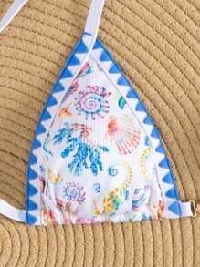 Swim Mod 2pcs/Set Marine Micropattern Fabric Wireless Lace-Up Sweet Cute Deep-V Shell Flower Crochet Bikini Swimsuit, Beach Vacation For Spring & Summer - Blue and White - View 3
