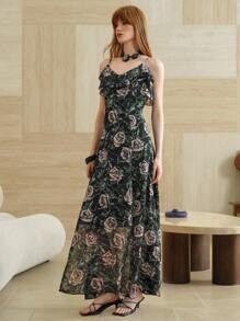 SHEIN LUNE 优质优雅慵懒度假通勤绿色花卉印花荷叶边下摆女式长裙 - 黑色 - 查看 7