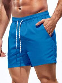 Surfspeed Men's Plain Pocket Drawstring Waist Beach Shorts, Suitable For Summer Swim Wear For Men Men Swim Trunks Bathing Suit