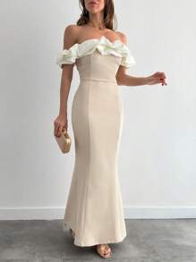 EURMUSE Two Tones Off Shoulder Ruffle Trim Bodycon Dress, Elegant Dress Gown Party White Summer - Beige - View 4
