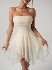 SHEIN ICON 女式露肩荷叶边不对称下摆迷你连衣裙，方领褶饰 - 杏色 - 查看 1