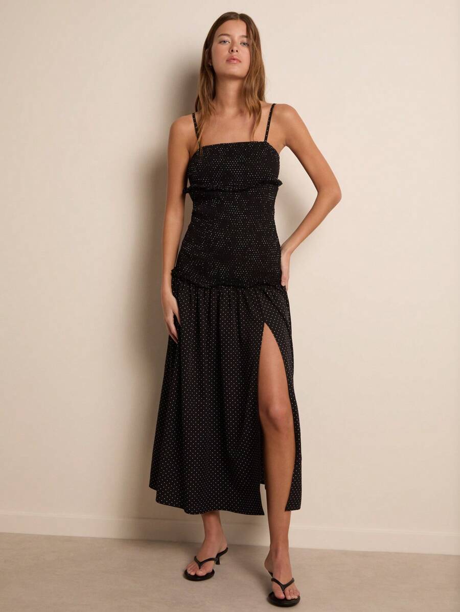 Nöista 女士圆点印花高开衩长款吊带裙 - 黑色 - 查看 1