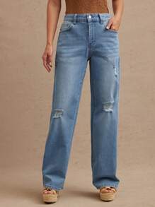 WESTFADE Mid Rise Destructed Slim Boyfriend Cotton Blend Denim Western Cowgirl Cuffed Jeans Summer Nashville Rodeo - Light Wash - View 3