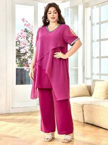Lacomfia Plus Size Solid Color Short Sleeve Top And Long Pants Two Pieces Set, Casual Summer Outfit - Red Violet - View 5