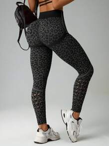 SHEIN Sport Studio 1pc Women Leopard Print Mesh Workout Ankle Leggings