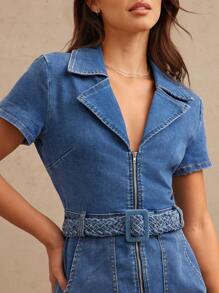 WESTFADE Collared Zipper Front Fitted Short Sleeve Belted Stretch Denim Mini Cowgirl Dress Summer Rodeo Outfit - Medium Wash - View 2