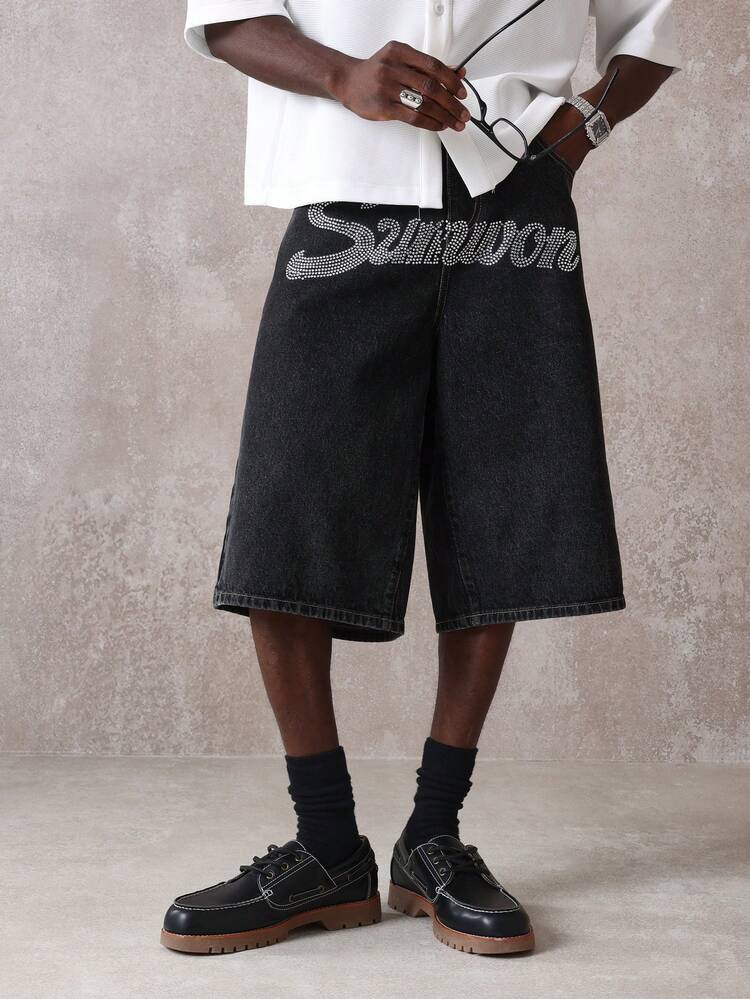 SUMWON Wide Leg Denim Bermuda Shorts Crystal Embellished Rhinestone Statement Casual Summer Streetwear Festival Fashion Loose Fit Street Style