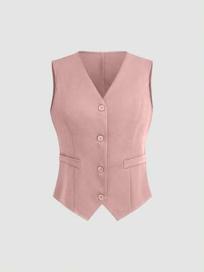 SHEIN Unity 女式纯色V领单排扣休闲西装背心