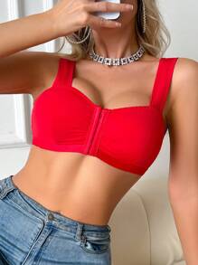 纯色褶饰前扣宽肩带文胸