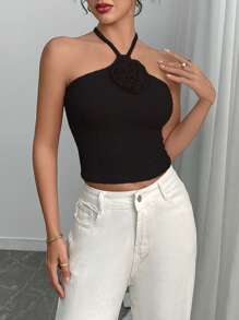 INAWLY Women's Sleeveless Solid Color 3D Floral Decorative Crop Top