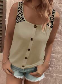 SHEIN Plus Size Women Fashion Leopard Print Round Neck Button Top - Khaki - View 4