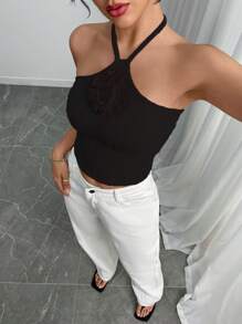 INAWLY Women's Sleeveless Solid Color 3D Floral Decorative Crop Top