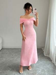 Elenzga Abito elegante da donna con spalle scoperte, fiocco e decorazione in perle sintetiche