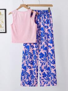 2pcs Teen Girl Solid Color Scoop Neck Sleeveless Tank Top And Green Floral Print Wide Leg Pants Set, Elegant Resort Wear - Multicolor - View 2
