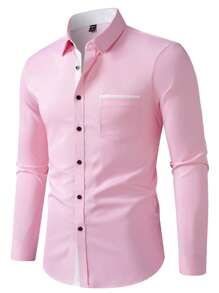 Calvornis Men's Casual Commuting Colorblock Patchwork Long Sleeve Shirt, For Fall - Pink - View 3