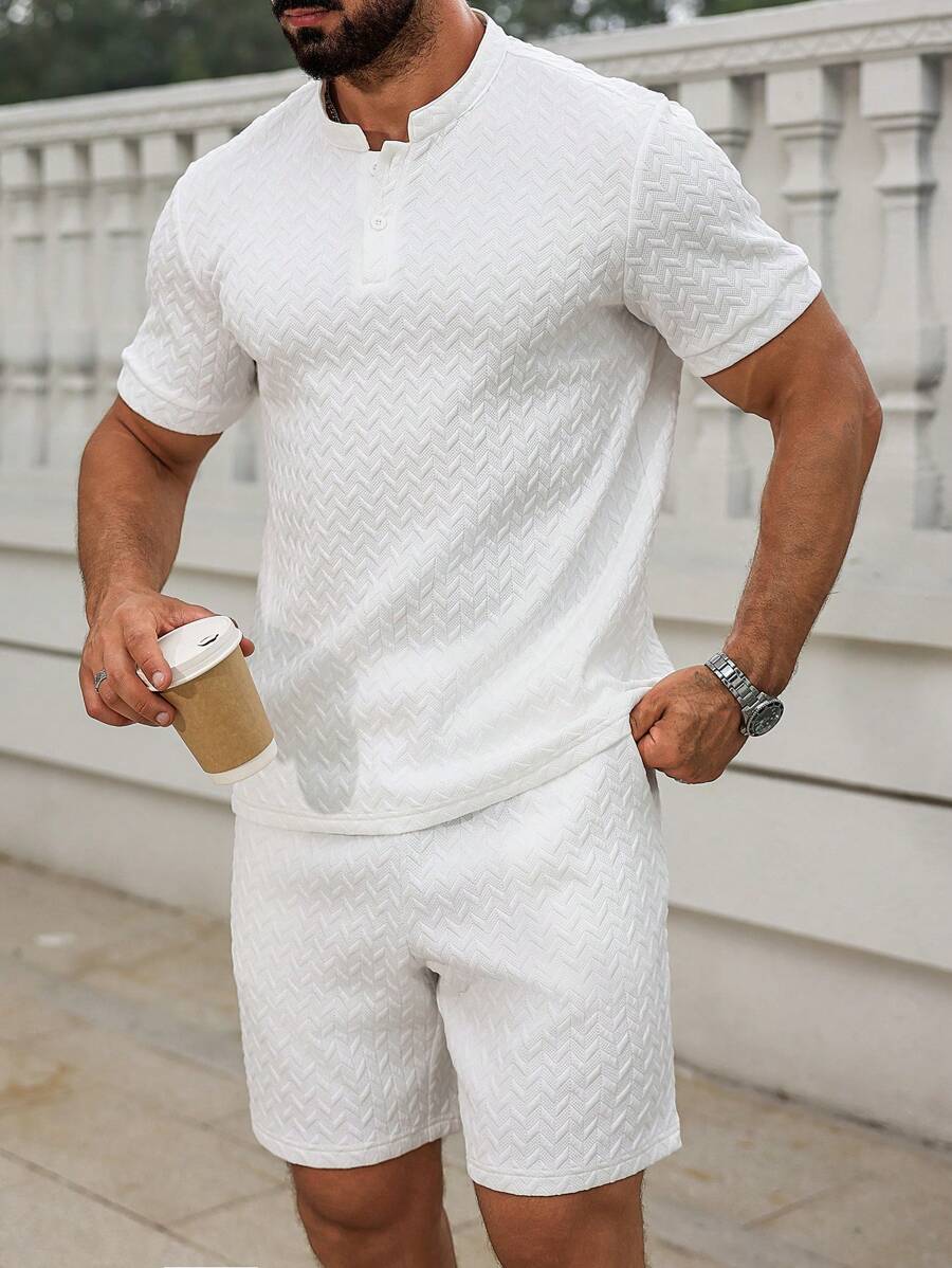 Manfinity Homme Men's White Summer Casual 2 Pieces Outfits Jacquard Trapezoidal Pattern Stand Collar Short Sleeve POLO Shirt & Drawstring Shorts Set,Vacation Holiday - White - View 1